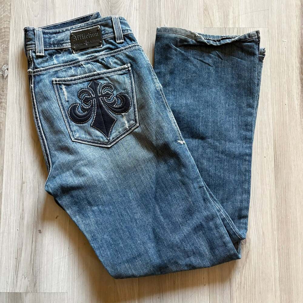 AFFLICTION Men's Distressed Denim Blue Jeans Straight Leg Sz 34x32 Fleur De Lis